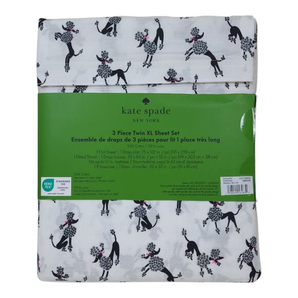 Kate Spade New York 3 Piece Twin XL Sheet Set Dancing Poodles Cotton Black White - Picture 4 of 9